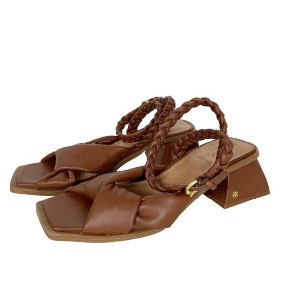 Sam & Libby Square Toe Heels Sandals Camel Brown Faux Leather Braided Womens 9 - Picture 1 of 12